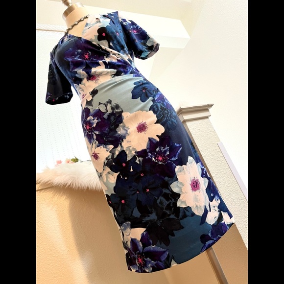 EUC 2 Adrienna Papell Blue Chic Floral Midi Classy Dress - Picture 3 of 10